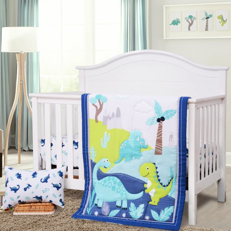 JISEN 3 Piece Crib Bedding Set Crib Quilt Crib Sheet Pillowcase - Soft Microfiber Printed Dinosaur Nursery Set for Baby Boys or Girls - Image 2