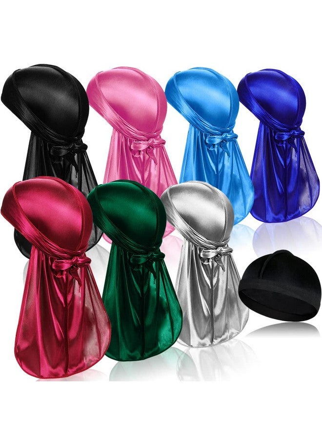 ASKNOTO 7 Pcs Silky Durags With Long Tail And 1 Satin Wave Cap, Do Rags For Men 360 Waves Multicolour - Image 1