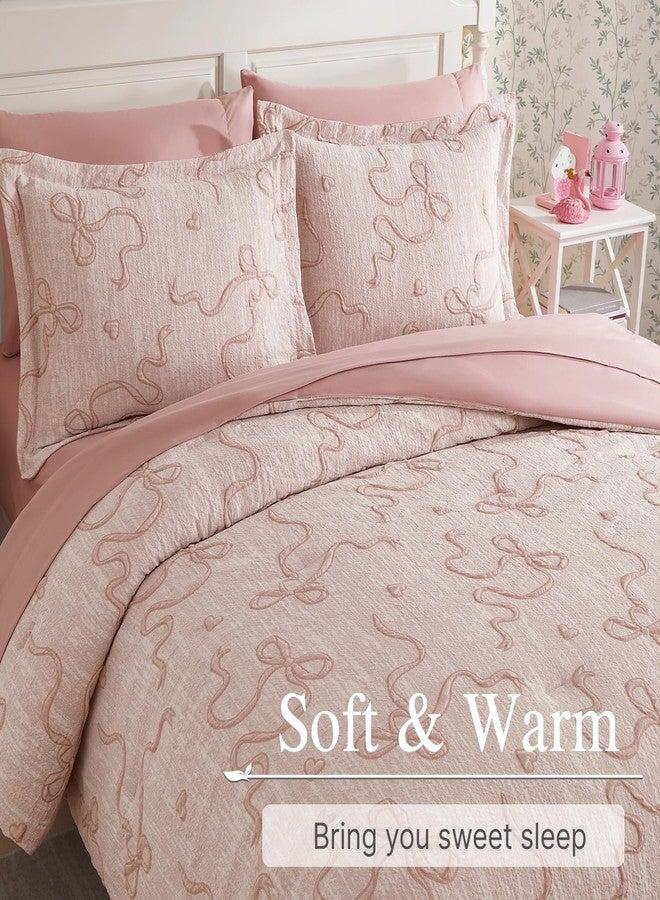 Geniospin Pink Full Comforter Set for Girls- 7 Pieces Bowknot Jacquard Bed in A Bag Full Bedding Sets with Sheets, Pillowcases & Shams, All Season Kids Comforter Set - Image 2