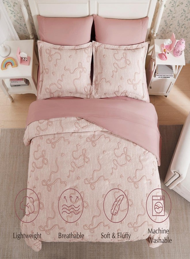 Geniospin Pink Full Comforter Set for Girls- 7 Pieces Bowknot Jacquard Bed in A Bag Full Bedding Sets with Sheets, Pillowcases & Shams, All Season Kids Comforter Set - Image 3