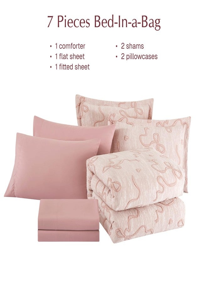 Geniospin Pink Full Comforter Set for Girls- 7 Pieces Bowknot Jacquard Bed in A Bag Full Bedding Sets with Sheets, Pillowcases & Shams, All Season Kids Comforter Set - Image 5
