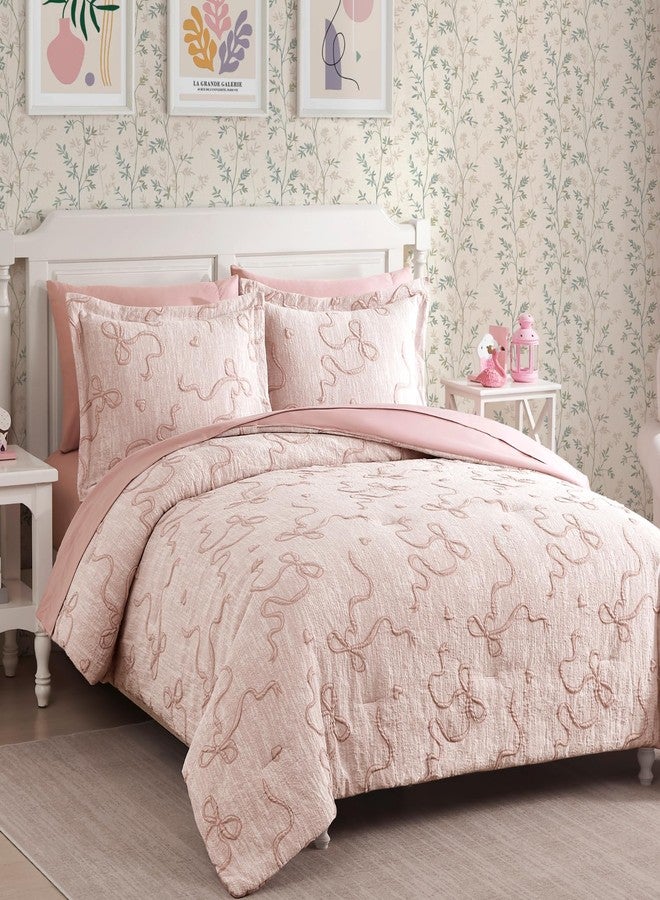 Geniospin Pink Full Comforter Set for Girls- 7 Pieces Bowknot Jacquard Bed in A Bag Full Bedding Sets with Sheets, Pillowcases & Shams, All Season Kids Comforter Set - Image 4