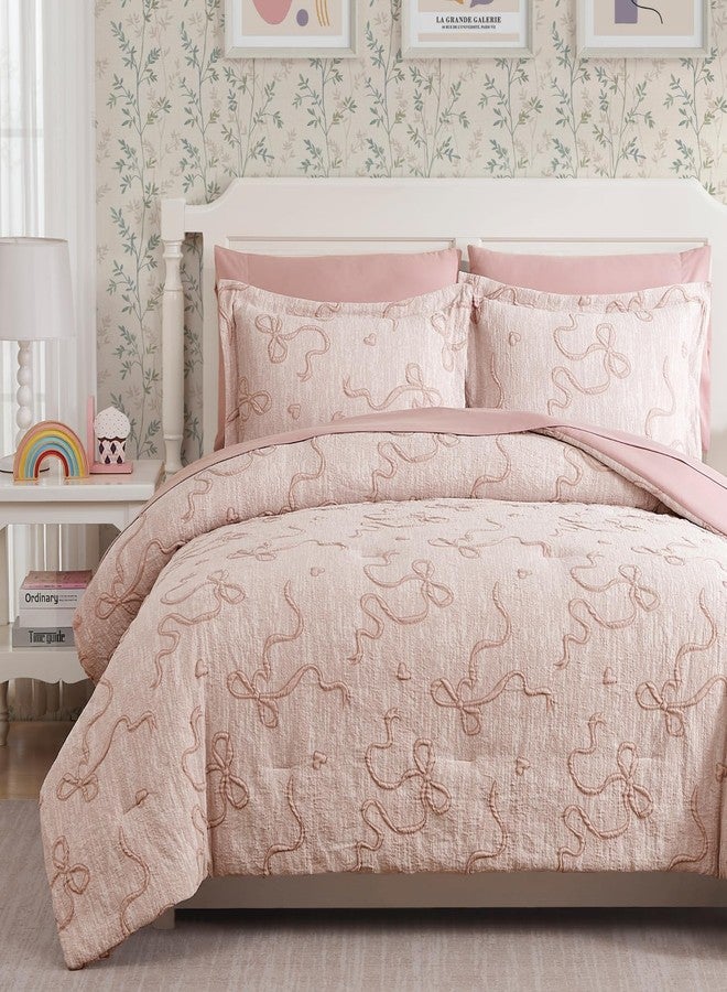 Geniospin Pink Full Comforter Set for Girls- 7 Pieces Bowknot Jacquard Bed in A Bag Full Bedding Sets with Sheets, Pillowcases & Shams, All Season Kids Comforter Set - Image 1