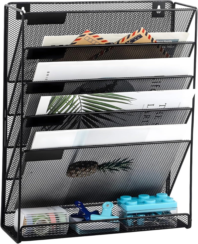 X spring 5 Tier Mesh Hanging Wall File Organizer, Metal Wall File Holder With Bottom Flat Tray, Durable Desktop Vertical Mail Paper Folder Rack For Home, Office, School - Image 1