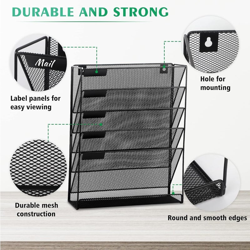 X spring 5 Tier Mesh Hanging Wall File Organizer, Metal Wall File Holder With Bottom Flat Tray, Durable Desktop Vertical Mail Paper Folder Rack For Home, Office, School - Image 2