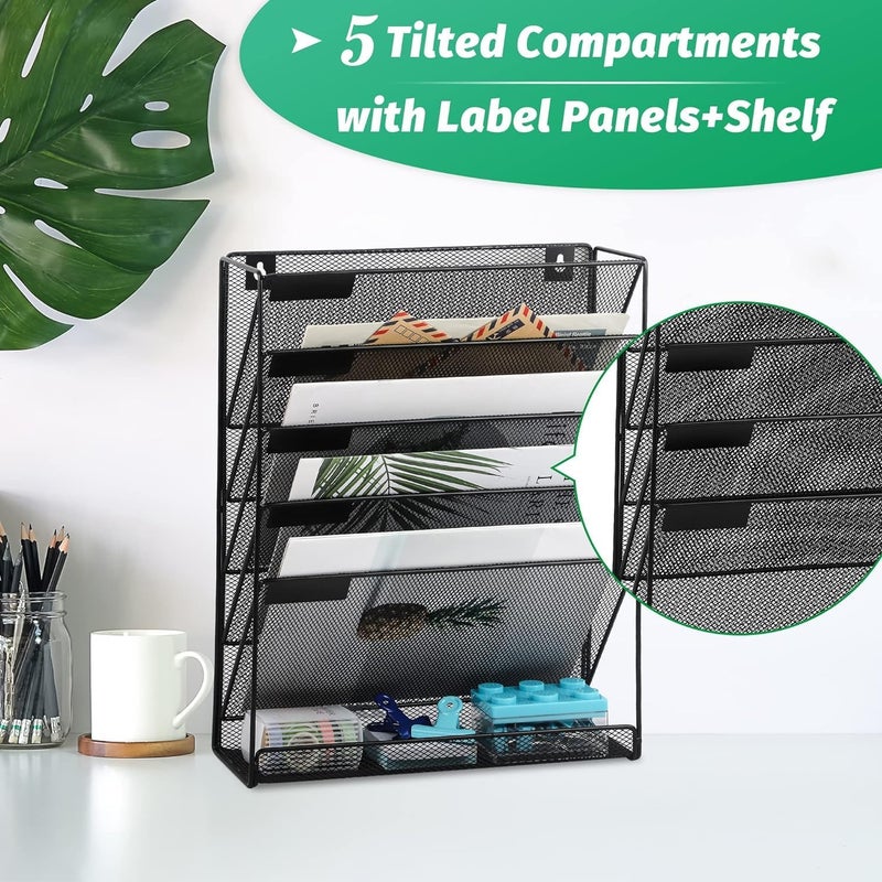 X spring 5 Tier Mesh Hanging Wall File Organizer, Metal Wall File Holder With Bottom Flat Tray, Durable Desktop Vertical Mail Paper Folder Rack For Home, Office, School - Image 3