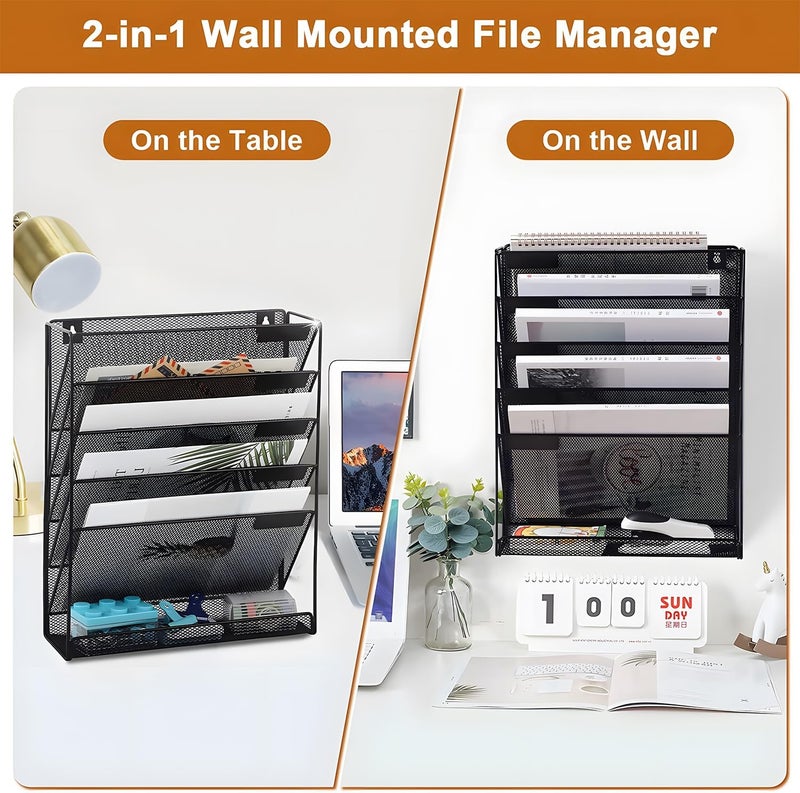 X spring 5 Tier Mesh Hanging Wall File Organizer, Metal Wall File Holder With Bottom Flat Tray, Durable Desktop Vertical Mail Paper Folder Rack For Home, Office, School - Image 5