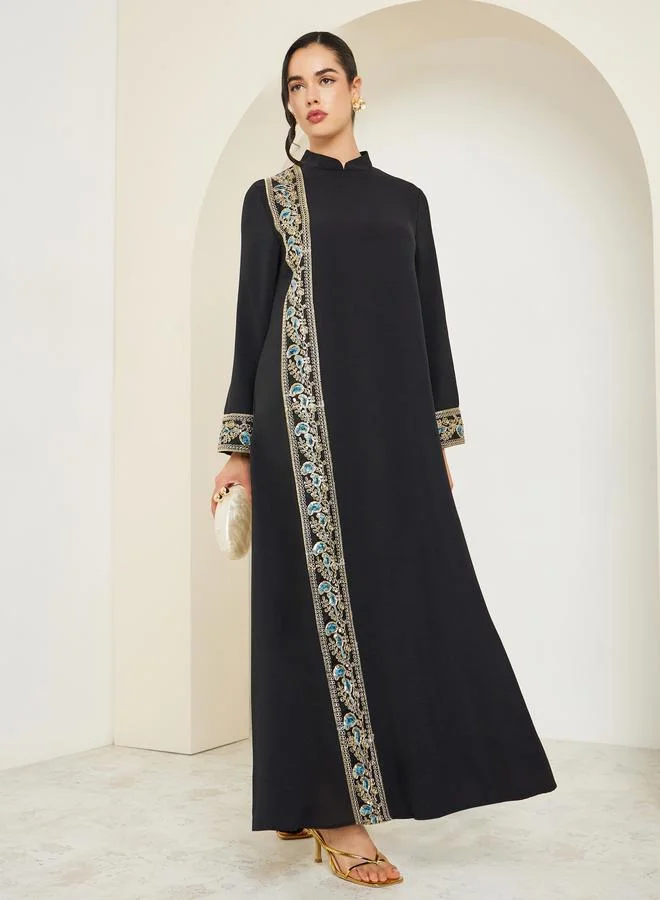 Amirah Women Black Collared Lace Insert Jalabiya