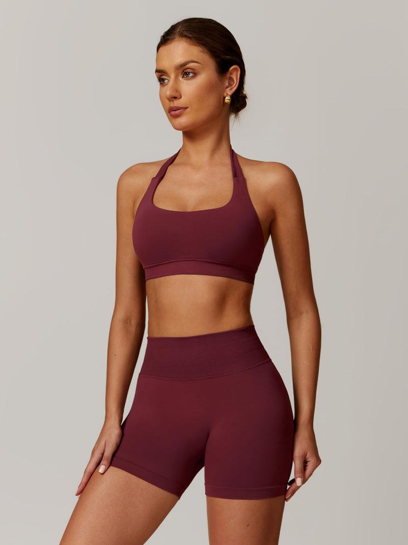 ABOCIW Workout Sets for Women Seamless High Waist Scrunch Butt Lifting Gym Impact Shorts Halter Sports Bra 2 Piece Yoga Outfits Burgendy Red Medium - Image 3