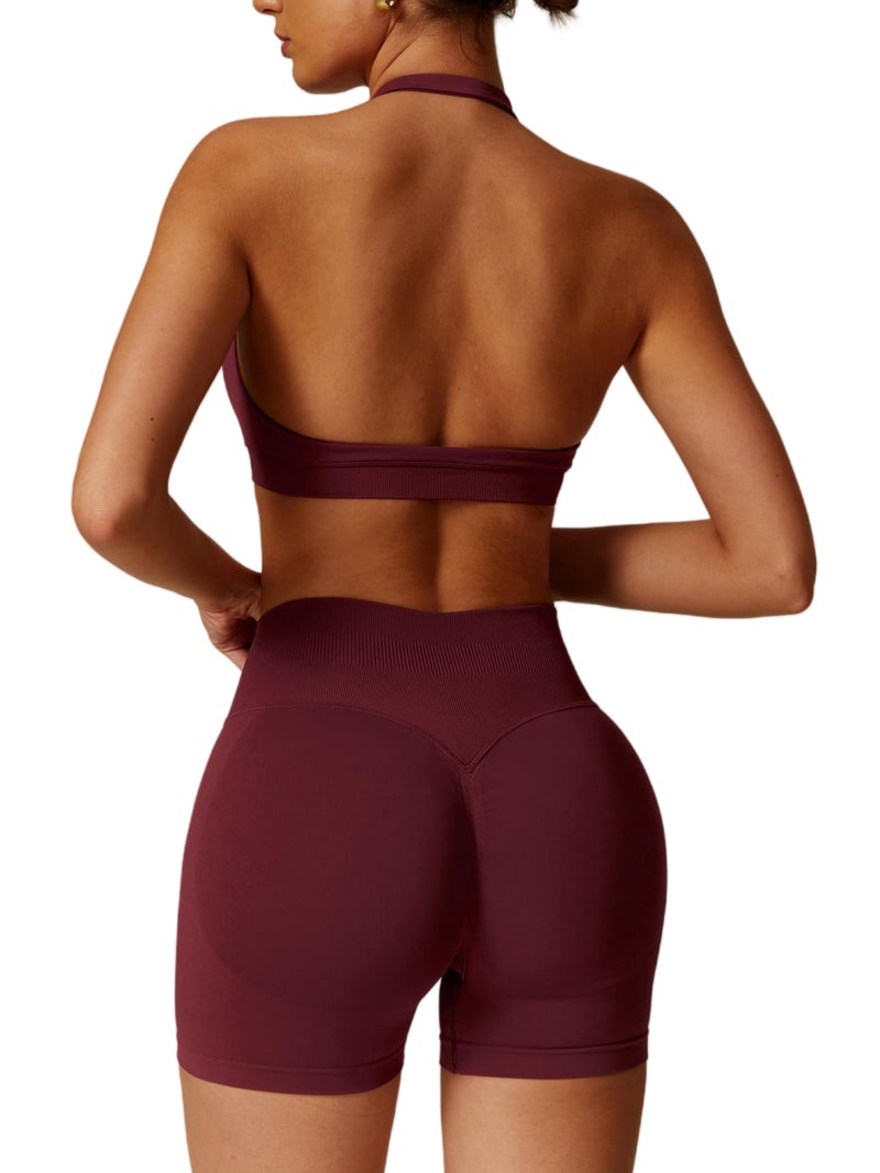 ABOCIW Workout Sets for Women Seamless High Waist Scrunch Butt Lifting Gym Impact Shorts Halter Sports Bra 2 Piece Yoga Outfits Burgendy Red Medium - Image 1