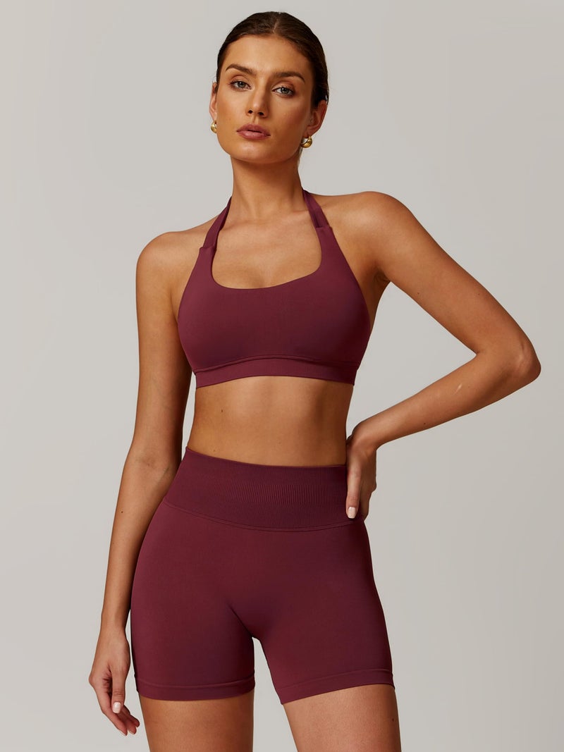 ABOCIW Workout Sets for Women Seamless High Waist Scrunch Butt Lifting Gym Impact Shorts Halter Sports Bra 2 Piece Yoga Outfits Burgendy Red Medium - Image 2