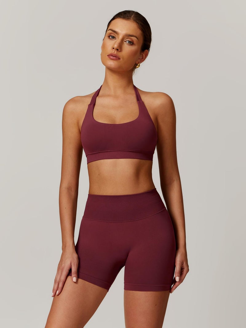 ABOCIW Workout Sets for Women Seamless High Waist Scrunch Butt Lifting Gym Impact Shorts Halter Sports Bra 2 Piece Yoga Outfits Burgendy Red Medium - Image 4