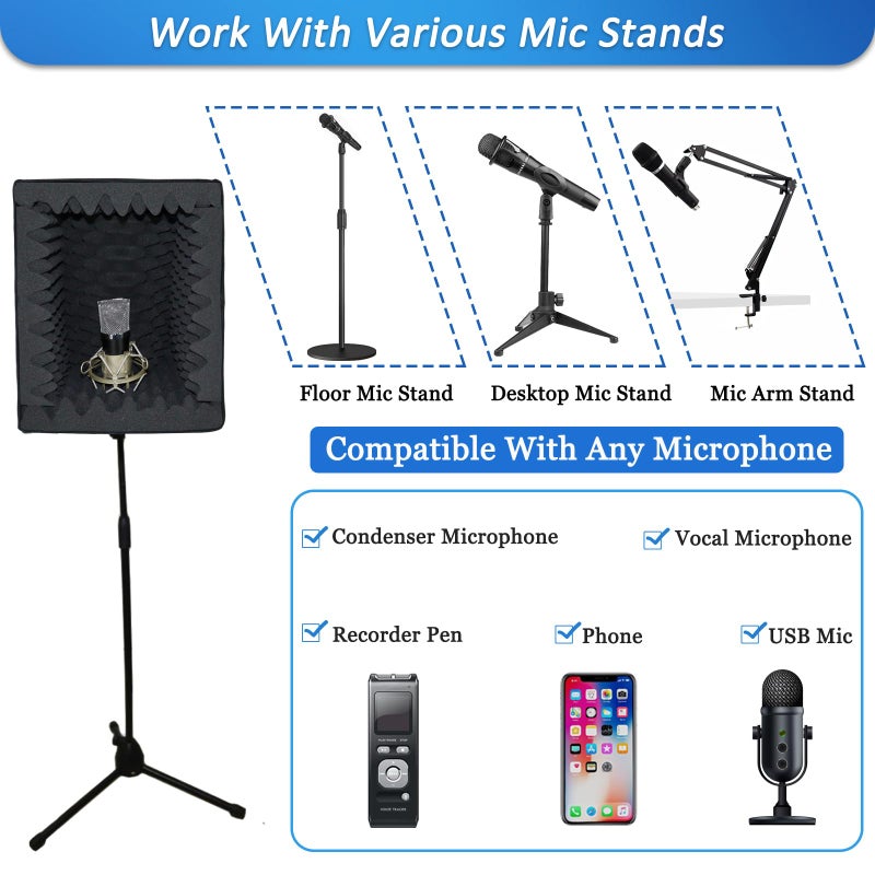 TroyStudio Portable Vocal Booth, Large Foldable Microphone Isolation Shield, Music Recording Studio Sound Echo Absorbing Box, Desk & Stand Use Reflection Filter with Thickened Dense Acoustic Foam - Image 5