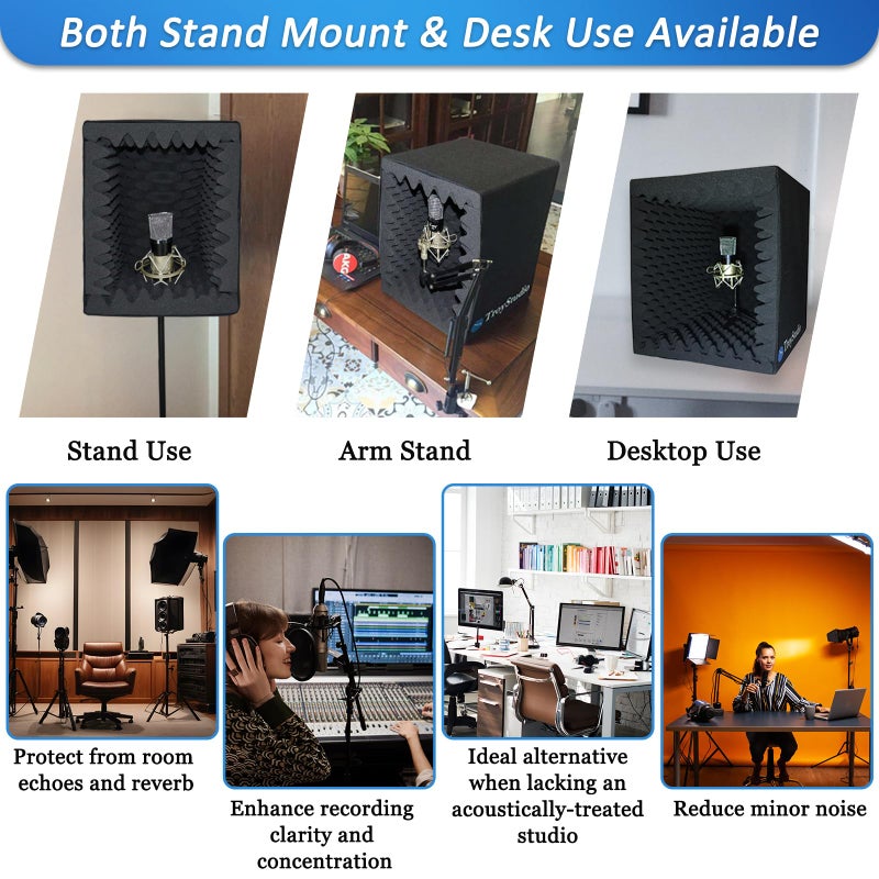 TroyStudio Portable Vocal Booth, Large Foldable Microphone Isolation Shield, Music Recording Studio Sound Echo Absorbing Box, Desk & Stand Use Reflection Filter with Thickened Dense Acoustic Foam - Image 4