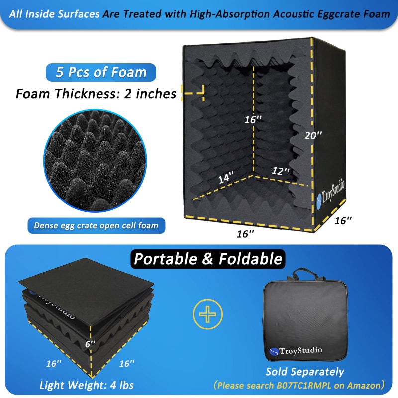TroyStudio Portable Vocal Booth, Large Foldable Microphone Isolation Shield, Music Recording Studio Sound Echo Absorbing Box, Desk & Stand Use Reflection Filter with Thickened Dense Acoustic Foam - Image 2