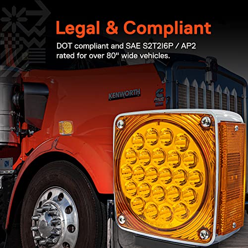 ONLINE LED STORE TRUE MODS Square 50 LED Pedestal Fender Light Set for 80" Wide Semi-Truck [DOT FMVSS-108] [SAE S2T2I6P / AP2][Single Stud] Amber/Red Fender Mount Light Kenworth International Peterbilt Freightliner - Image 2