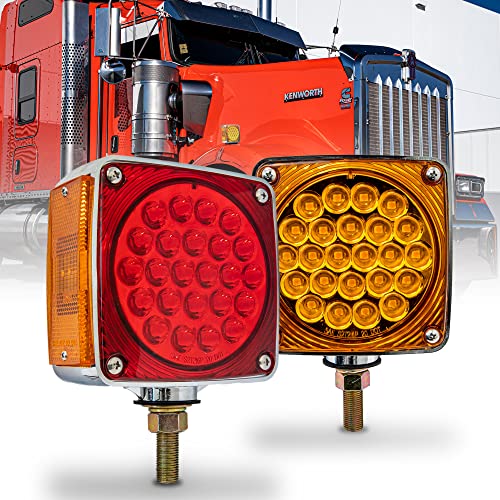 ONLINE LED STORE TRUE MODS Square 50 LED Pedestal Fender Light Set for 80" Wide Semi-Truck [DOT FMVSS-108] [SAE S2T2I6P / AP2][Single Stud] Amber/Red Fender Mount Light Kenworth International Peterbilt Freightliner - Image 1
