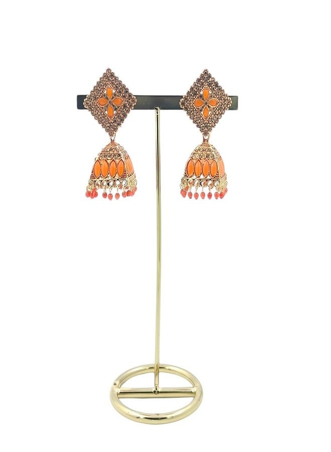 Stylewell Traditional Orange Color Jhumka Earrings Set for Women & Girls,antique Gold Plated Ethnic Jewelry,lightweight Oxidized Indian Earrings for Festive & Party - Image 3