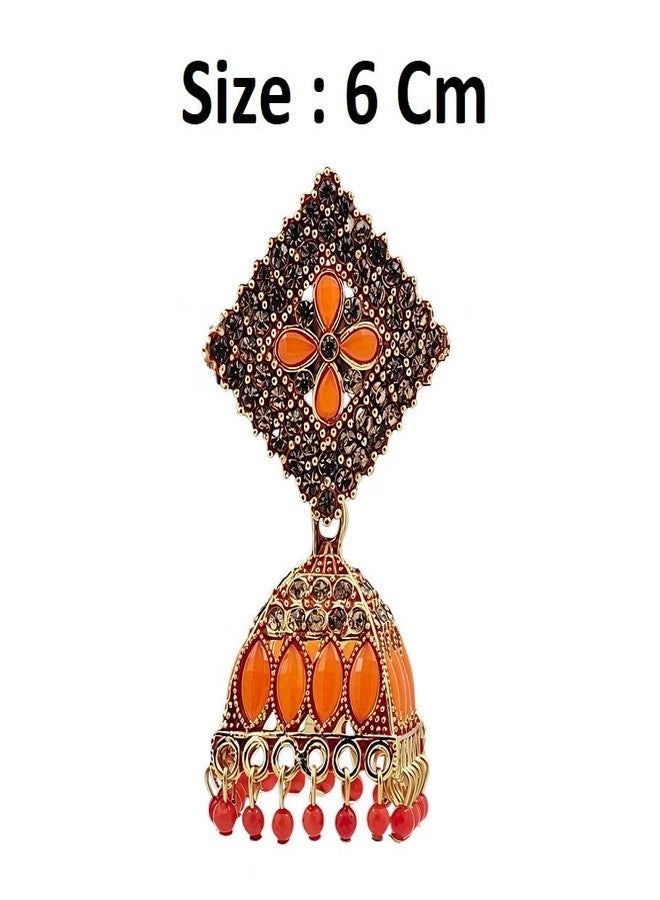 Stylewell Traditional Orange Color Jhumka Earrings Set for Women & Girls,antique Gold Plated Ethnic Jewelry,lightweight Oxidized Indian Earrings for Festive & Party - Image 2