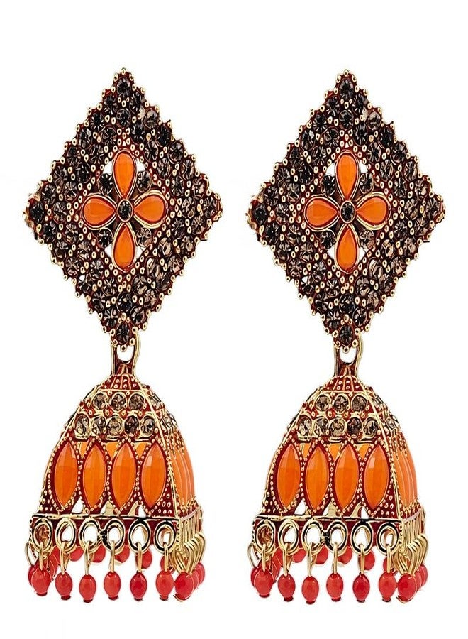 Stylewell Traditional Orange Color Jhumka Earrings Set for Women & Girls,antique Gold Plated Ethnic Jewelry,lightweight Oxidized Indian Earrings for Festive & Party - Image 1