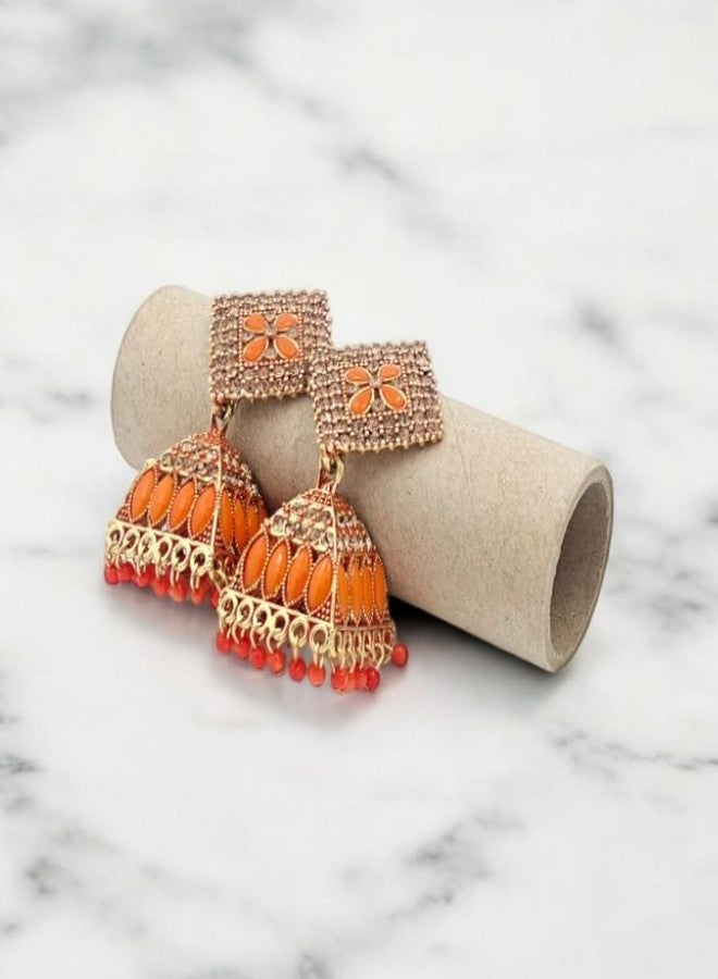 Stylewell Traditional Orange Color Jhumka Earrings Set for Women & Girls,antique Gold Plated Ethnic Jewelry,lightweight Oxidized Indian Earrings for Festive & Party - Image 4