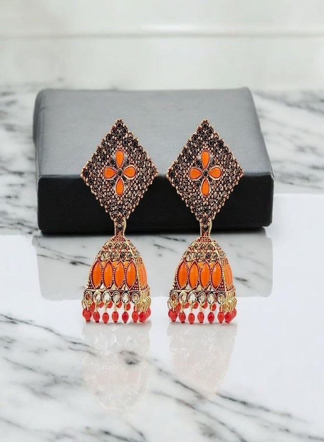 Stylewell Traditional Orange Color Jhumka Earrings Set for Women & Girls,antique Gold Plated Ethnic Jewelry,lightweight Oxidized Indian Earrings for Festive & Party - Image 5