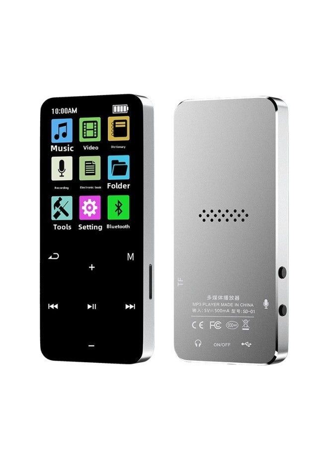 Metal Touch Bluetooth Mp3 Player Student Version Lossless Music Player Recording Card Insertion External Speaker Mp4-Body Color:Silver + Bluetooth + Voice Dictionary-Memory Capacity:16GB + Full Set - Image 1