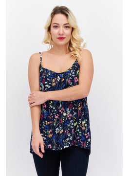 ESPRIT Women U Neck Sleeveless  Floral Print Top, Navy Combo  - Image 1