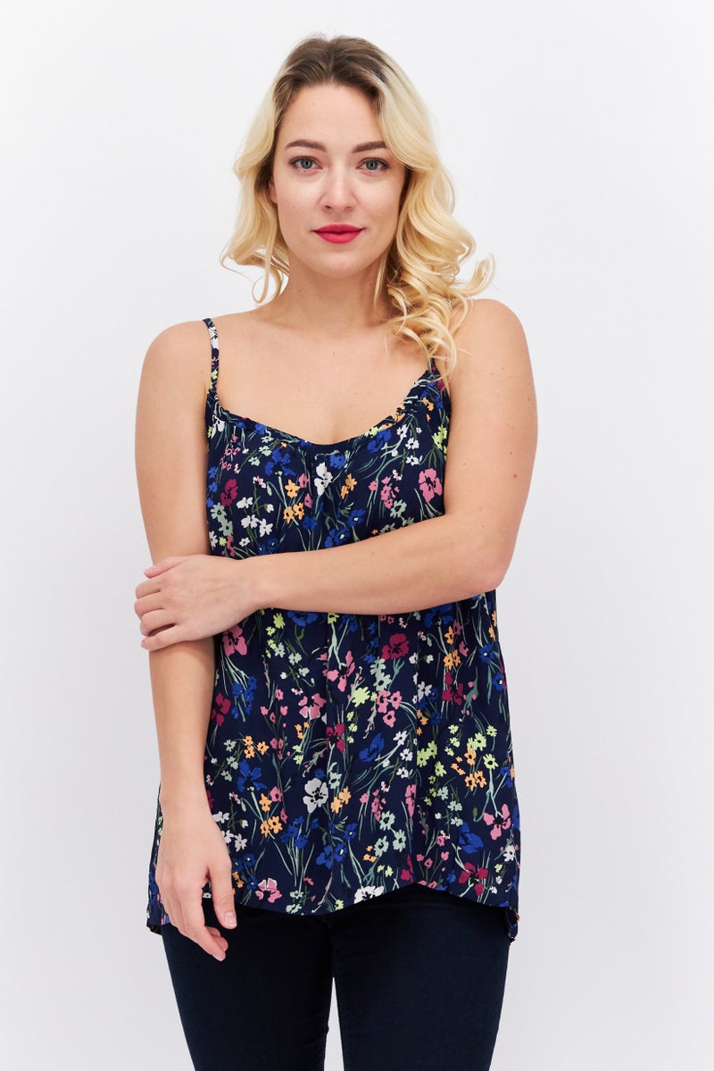 ESPRIT Women U Neck Sleeveless  Floral Print Top, Navy Combo - Image 1