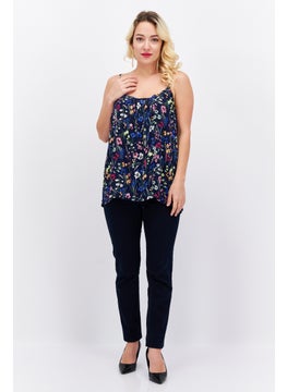 ESPRIT Women U Neck Sleeveless  Floral Print Top, Navy Combo  - Image 3