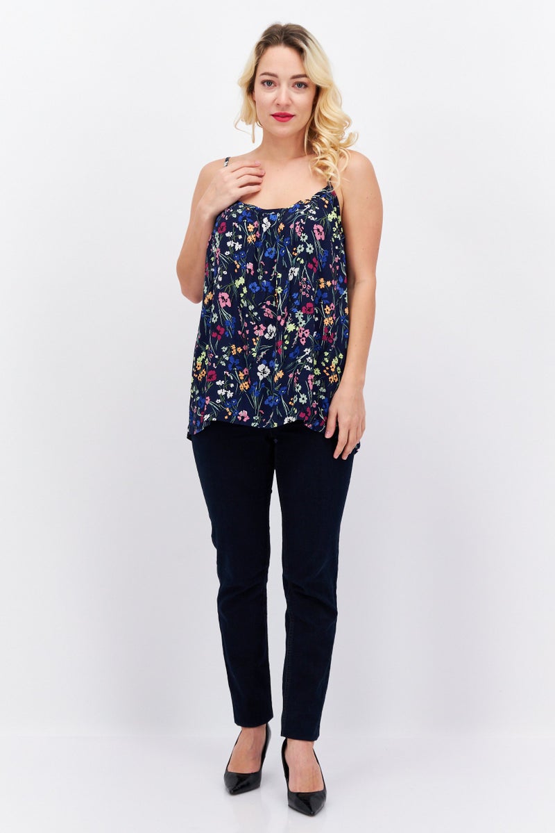 ESPRIT Women U Neck Sleeveless  Floral Print Top, Navy Combo - Image 3