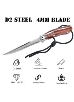 Astylway Outdoor Knife Fixed Blade D2 Steel Hunting Knife with Wooden Handle Red Brown Sharp Survival Knife with Leather Sheath for Men Camping Hiking Adventure  - Image 3