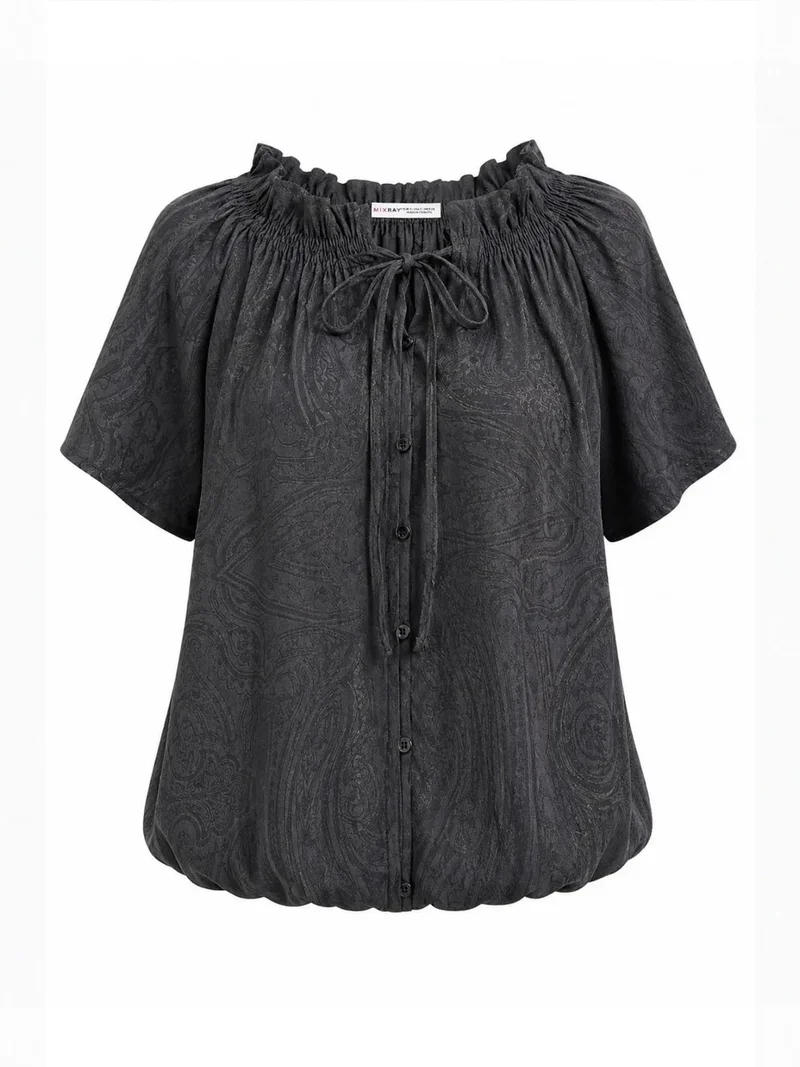 ميكسراي MIXRAY Paisley Print Crew Neck Blouse with Tie Detail