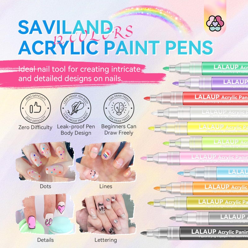 Saviland 12 Colors Nail Art Pens Set - 3D Nail Polish Pens Acrylic Paint Pens Nail Markers for Nail Art Drawing Painting Nail Point Dotting Liner Pen Manicure Tools Nail Design Kit Home Nail Salon DIY - Image 2