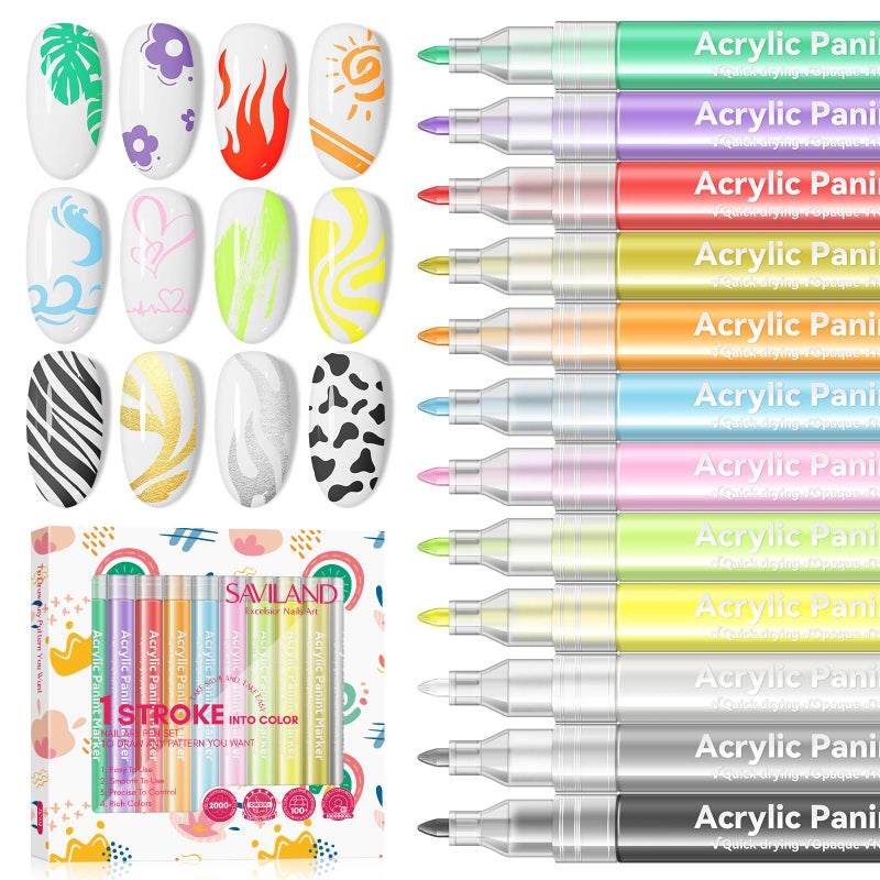 Saviland 12 Colors Nail Art Pens Set - 3D Nail Polish Pens Acrylic Paint Pens Nail Markers for Nail Art Drawing Painting Nail Point Dotting Liner Pen Manicure Tools Nail Design Kit Home Nail Salon DIY - Image 1
