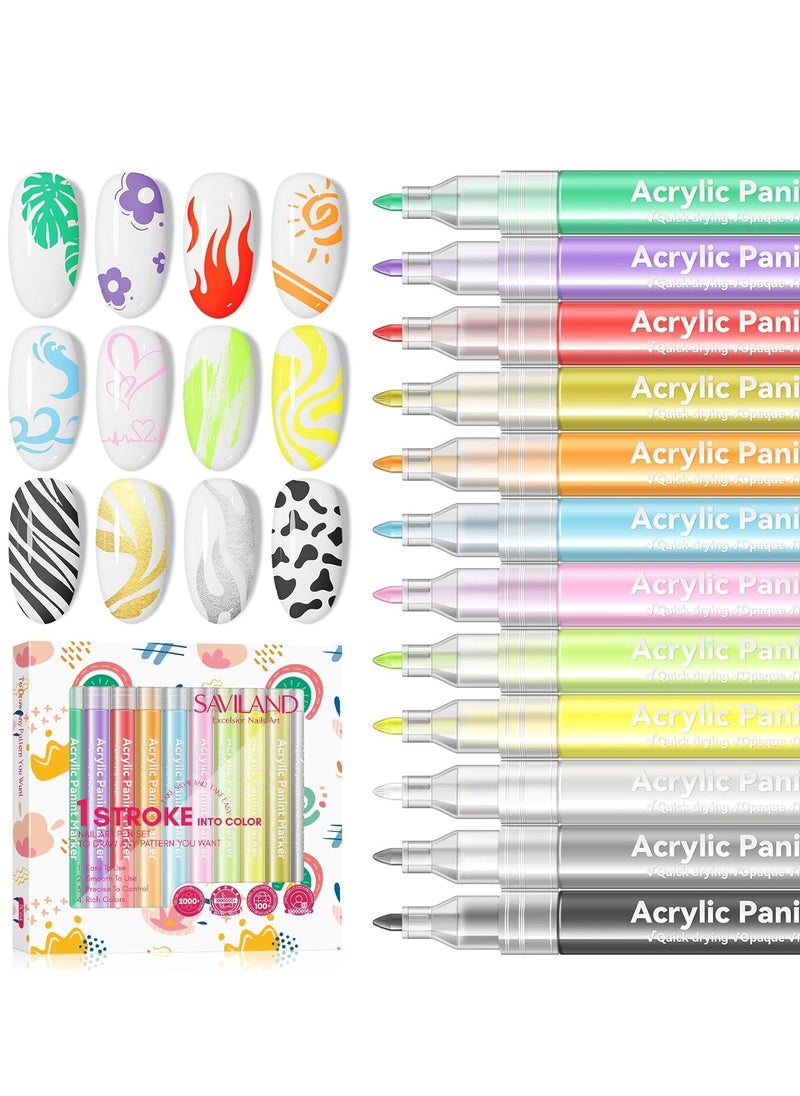 Saviland Saviland 12 Colors Nail Art Pens Set - 3D Nail Polish Pens Graffiti Nail Dotting Tools Acrylic Paint Pens Drawing Painting Point Liner Pen for Nails Art Design Manicure Nail Pens for Home & Salon DIY  - Image 1