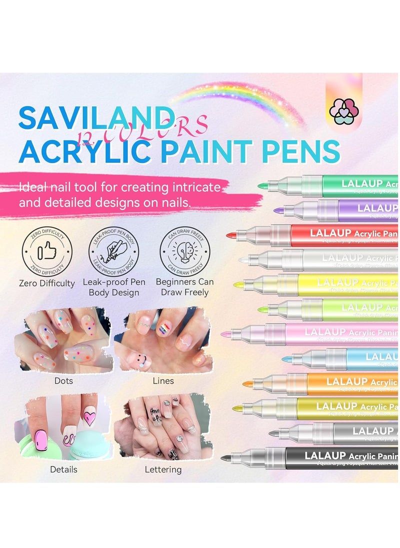 Saviland Saviland 12 Colors Nail Art Pens Set - 3D Nail Polish Pens Graffiti Nail Dotting Tools Acrylic Paint Pens Drawing Painting Point Liner Pen for Nails Art Design Manicure Nail Pens for Home & Salon DIY  - Image 2