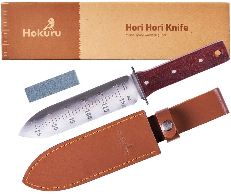 HOKURU Hori Hori Knife - Landscaping, Digging, Weeding, Cutting, Planting Gardening Tool With Leather Sheath, Stainless Steel Blade and Sharpening Stone - Image 3
