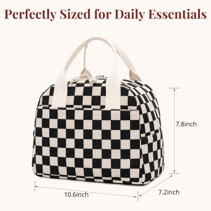 LOVELYWIND Insulated Black Checkered Lunch Bag for Women, Stylish Corduroy Tote with Aluminum Lining, Large Capacity Reusable Cooler for Work, Travel, or Beach, Beige Cream Water-Resistant Lunch Box - Image 3