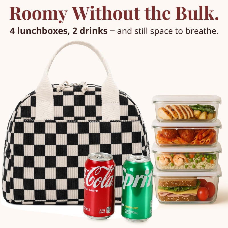 LOVELYWIND Insulated Black Checkered Lunch Bag for Women, Stylish Corduroy Tote with Aluminum Lining, Large Capacity Reusable Cooler for Work, Travel, or Beach, Beige Cream Water-Resistant Lunch Box - Image 2