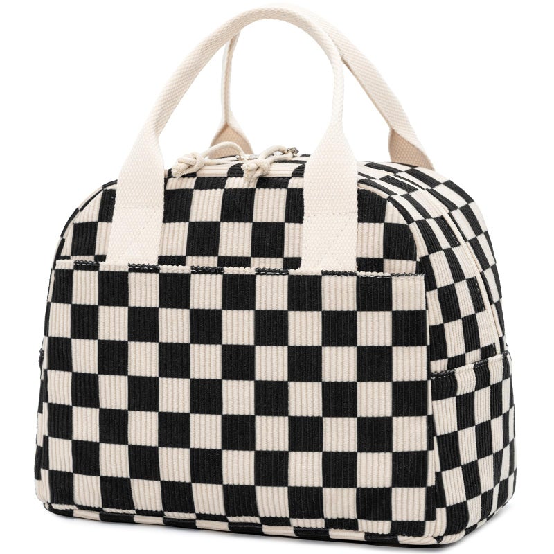 LOVELYWIND Insulated Black Checkered Lunch Bag for Women, Stylish Corduroy Tote with Aluminum Lining, Large Capacity Reusable Cooler for Work, Travel, or Beach, Beige Cream Water-Resistant Lunch Box - Image 1
