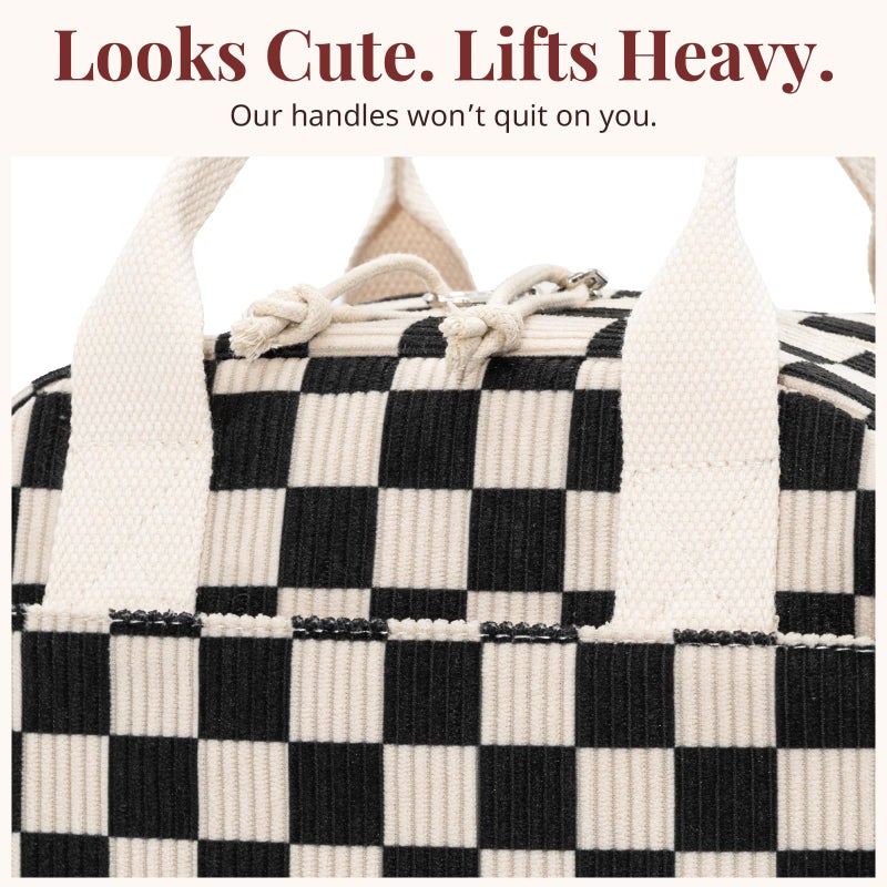 LOVELYWIND Insulated Black Checkered Lunch Bag for Women, Stylish Corduroy Tote with Aluminum Lining, Large Capacity Reusable Cooler for Work, Travel, or Beach, Beige Cream Water-Resistant Lunch Box - Image 4