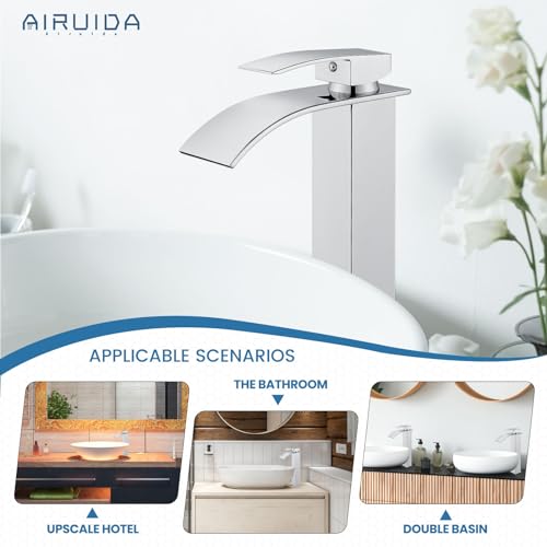 Airuida Tall Bathroom Vessel Faucet Chrome Polish Waterfall Bathroom Single Handle Single Hole Deck Mount Bowl Mixer Tap with Large Waterfall Spout Bar Sink Faucet Lavatory Vanity - Image 5