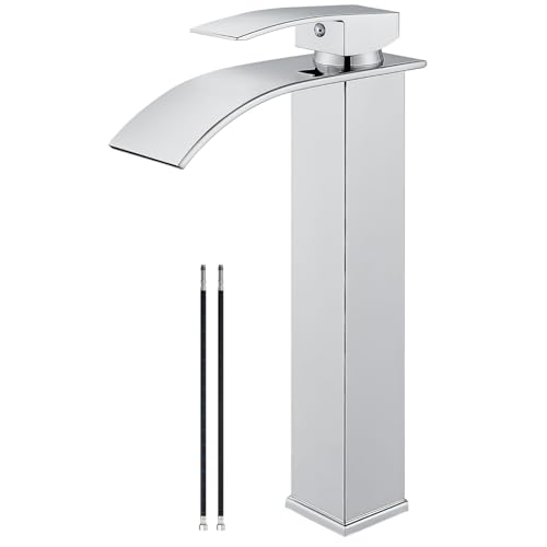 Airuida Tall Bathroom Vessel Faucet Chrome Polish Waterfall Bathroom Single Handle Single Hole Deck Mount Bowl Mixer Tap with Large Waterfall Spout Bar Sink Faucet Lavatory Vanity - Image 1