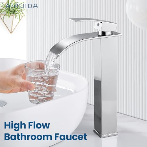 Airuida Tall Bathroom Vessel Faucet Chrome Polish Waterfall Bathroom Single Handle Single Hole Deck Mount Bowl Mixer Tap with Large Waterfall Spout Bar Sink Faucet Lavatory Vanity - Image 2