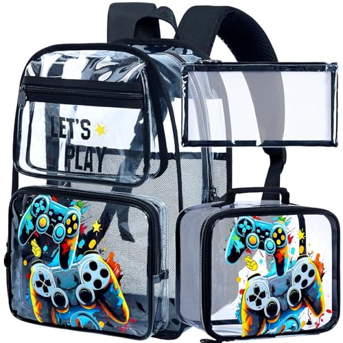 KLFVB 3PCS Kids Clear Backpack for Boys Transparent Bookbag Stadium Approved See Through School Bag for Elementary Preschool Game - Image 1