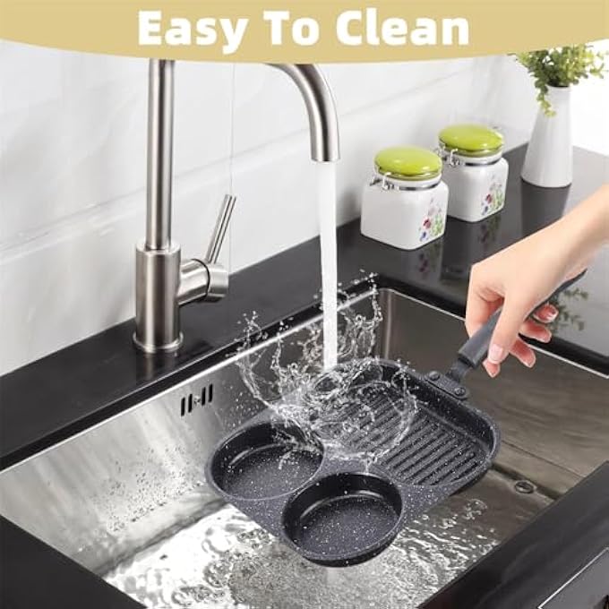 KASTWAVE 3In1 Divided Frying Pan NonStick Egg Breakfast Skillet 3 Compartments For Simultaneous Cooking Compatible With Gas Electric Induction Stoves Black - Image 5