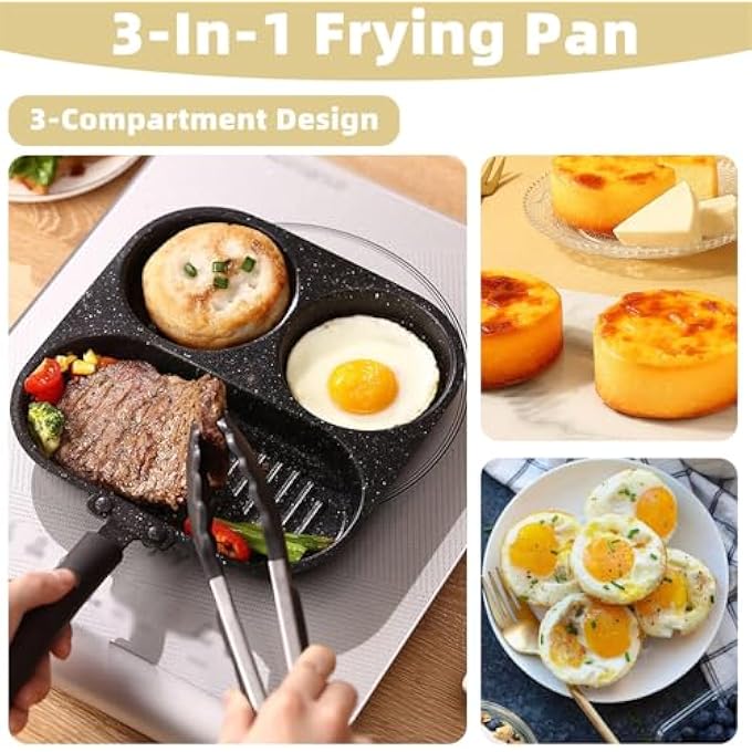 KASTWAVE 3In1 Divided Frying Pan NonStick Egg Breakfast Skillet 3 Compartments For Simultaneous Cooking Compatible With Gas Electric Induction Stoves Black - Image 3