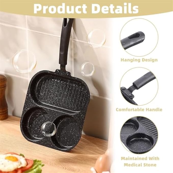KASTWAVE 3In1 Divided Frying Pan NonStick Egg Breakfast Skillet 3 Compartments For Simultaneous Cooking Compatible With Gas Electric Induction Stoves Black - Image 4