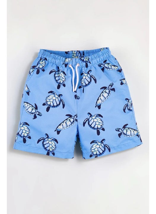 Blue Turtle Patterned Corded Lined Boy's Swim Shorts